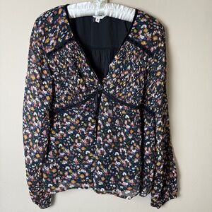 NWT Lucky Brand V Neck Floral Peasant Blouse Womens XL Extra Large Black Boho